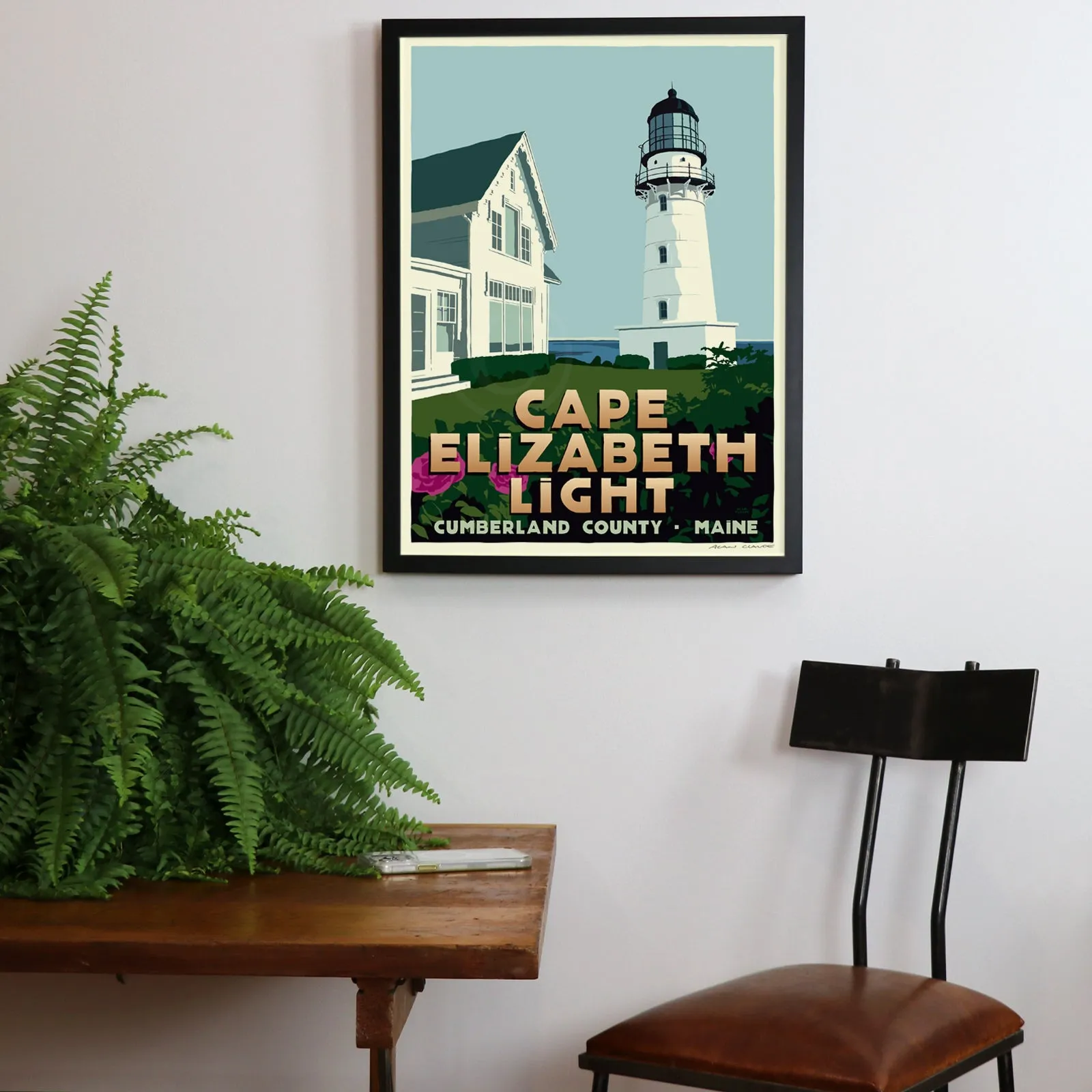 Cape Elizabeth Light Art Print 18" x 24" Framed Travel Postern (Thin Border) By Alan Claude - Maine