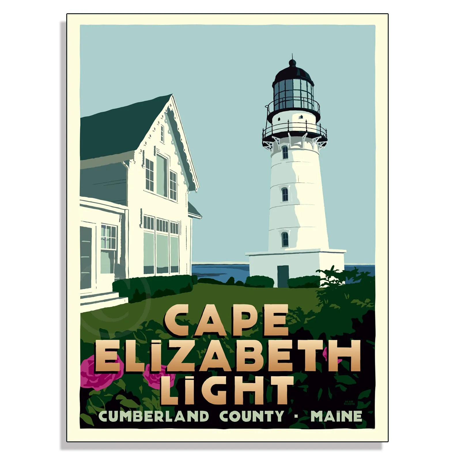 Cape Elizabeth Light Art Print 18" x 24" Framed Travel Postern (Thin Border) By Alan Claude - Maine