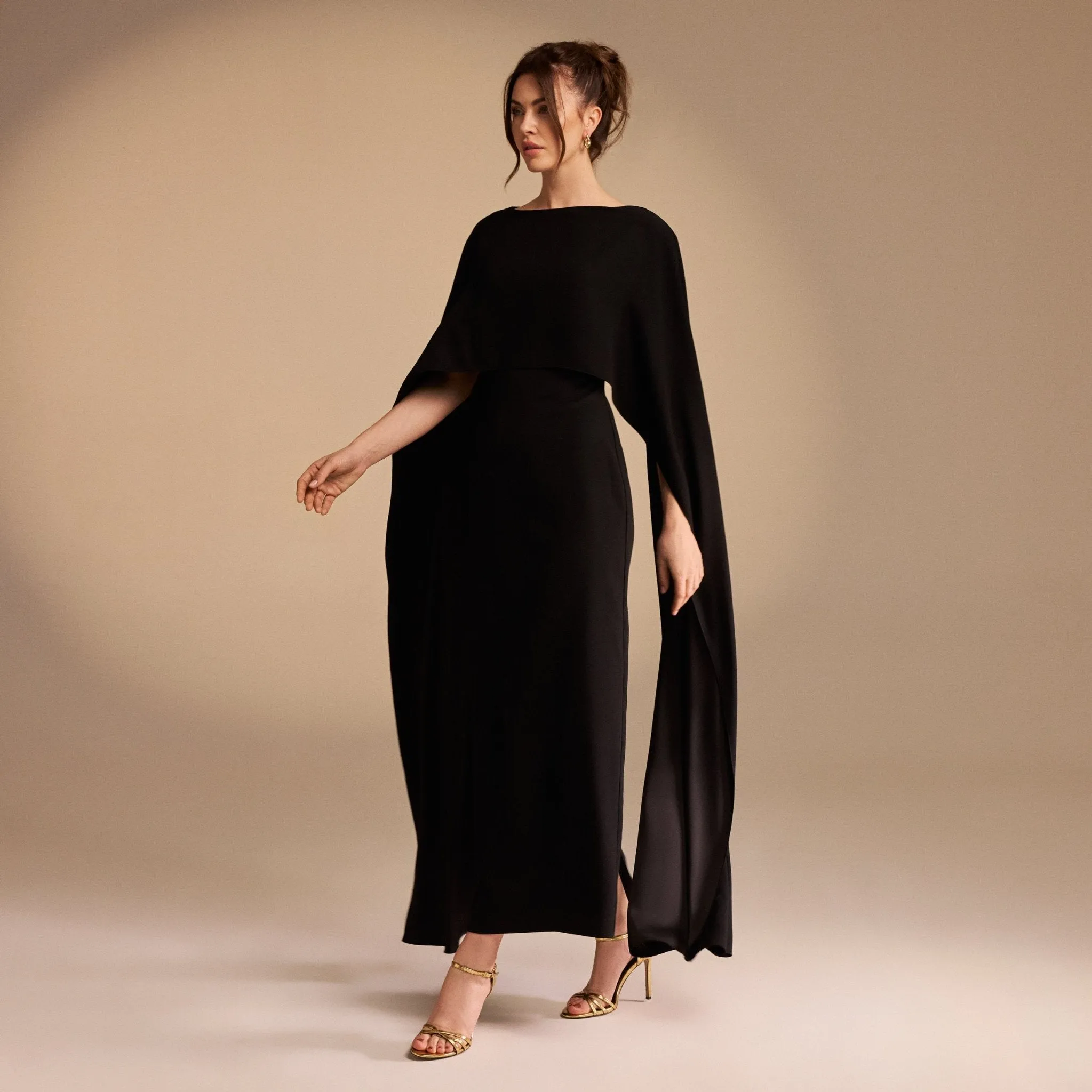 Cape-sleeve Crepe Maxi Dress