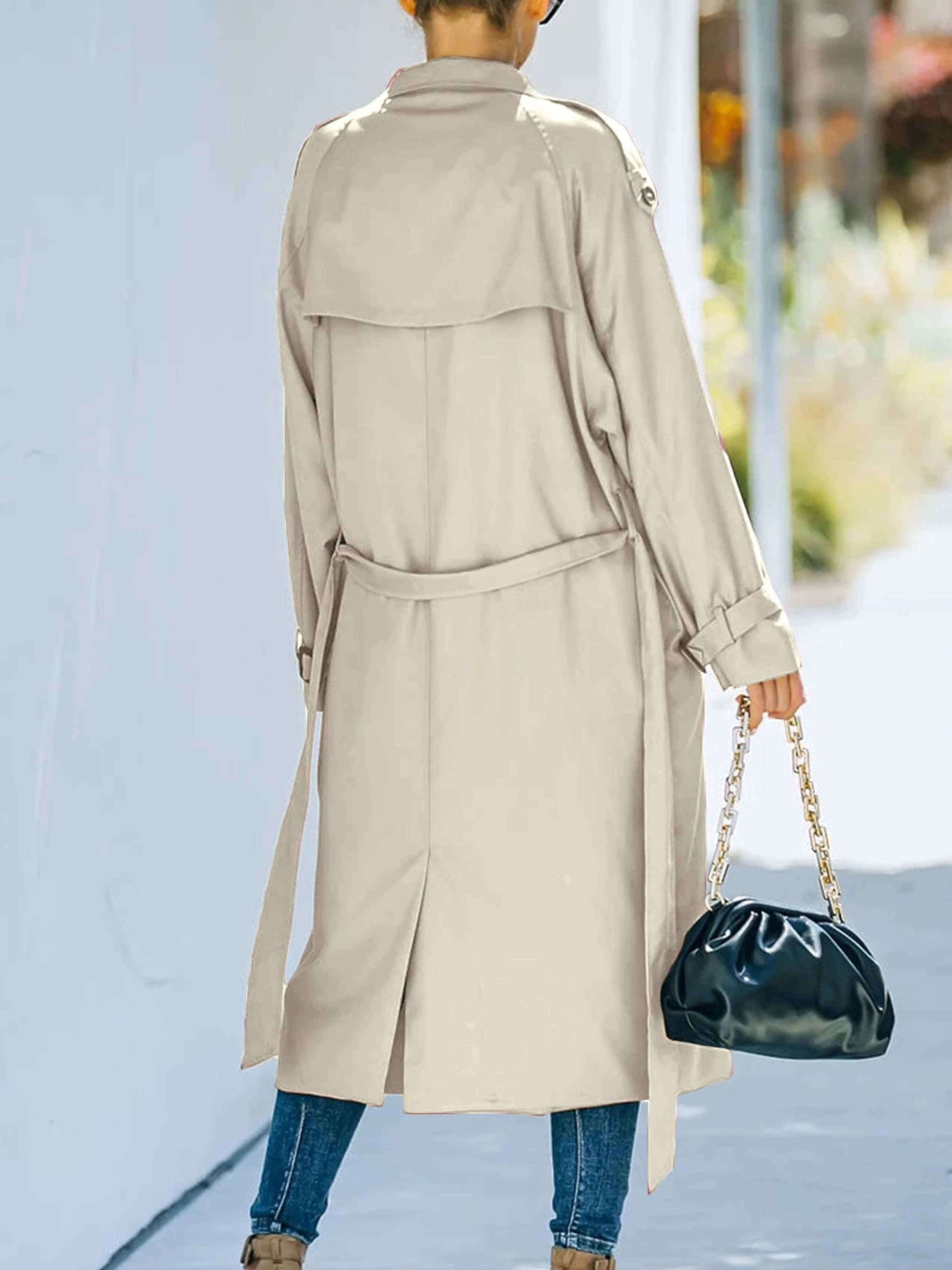 Classic Double Breasted Windproof Lapel Slim Khaki Trench Coat with Belt