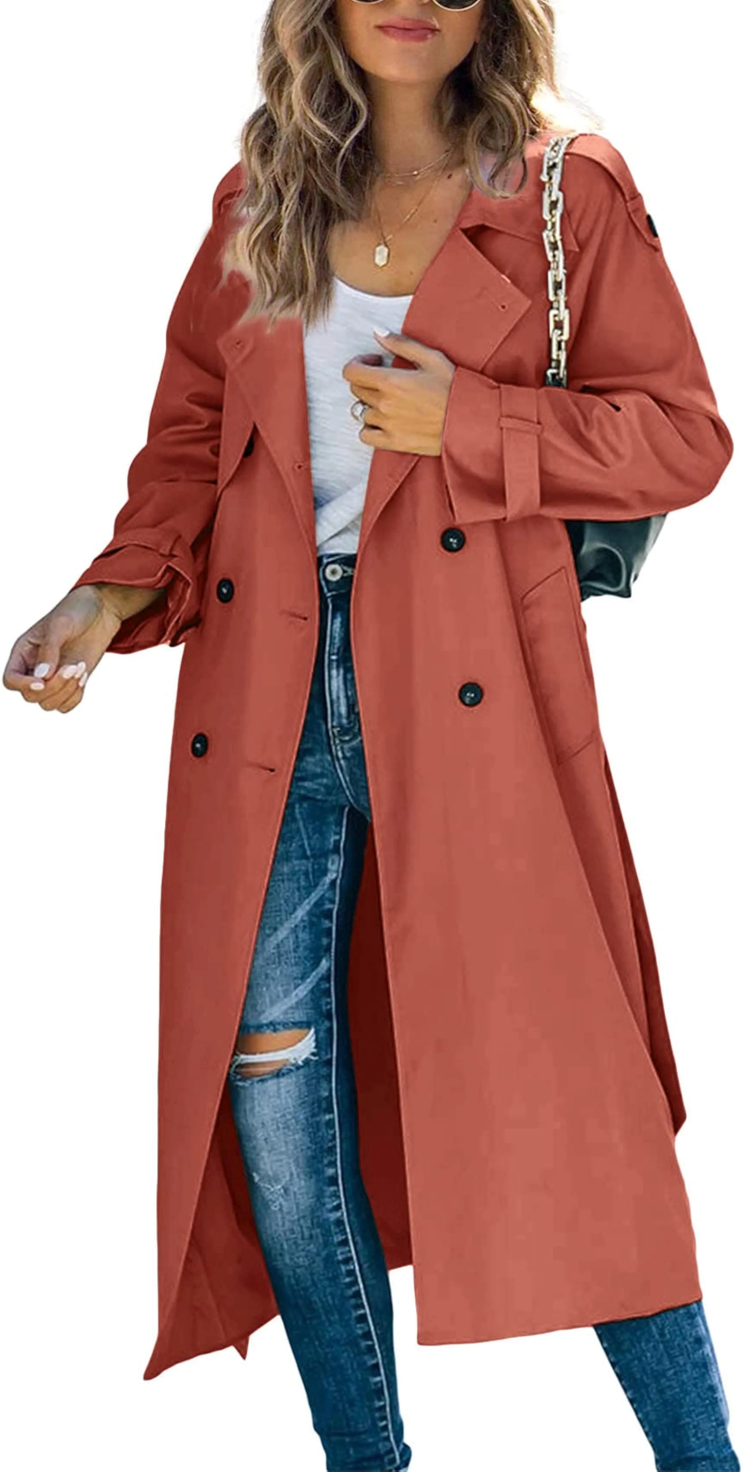 Classic Double Breasted Windproof Lapel Slim Khaki Trench Coat with Belt