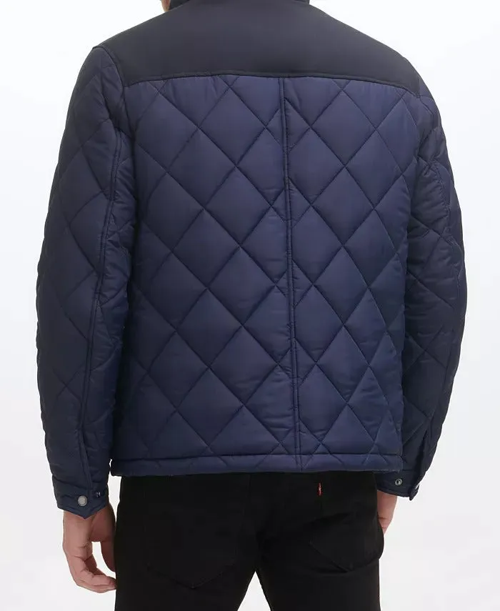 Cole Haan Men's Mixed Media Diamond Quilt Faux Sherpa Lining Coat Medium Blue