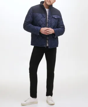Cole Haan Men's Mixed Media Diamond Quilt Faux Sherpa Lining Coat Medium Blue