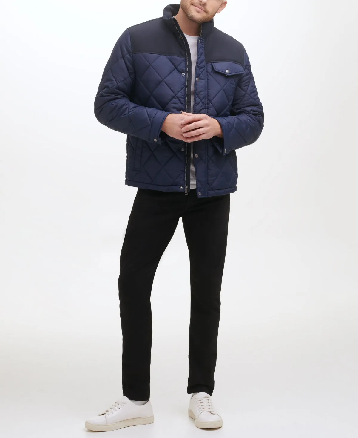 Cole Haan Men's Mixed Media Diamond Quilt Faux Sherpa Lining Coat Medium Blue