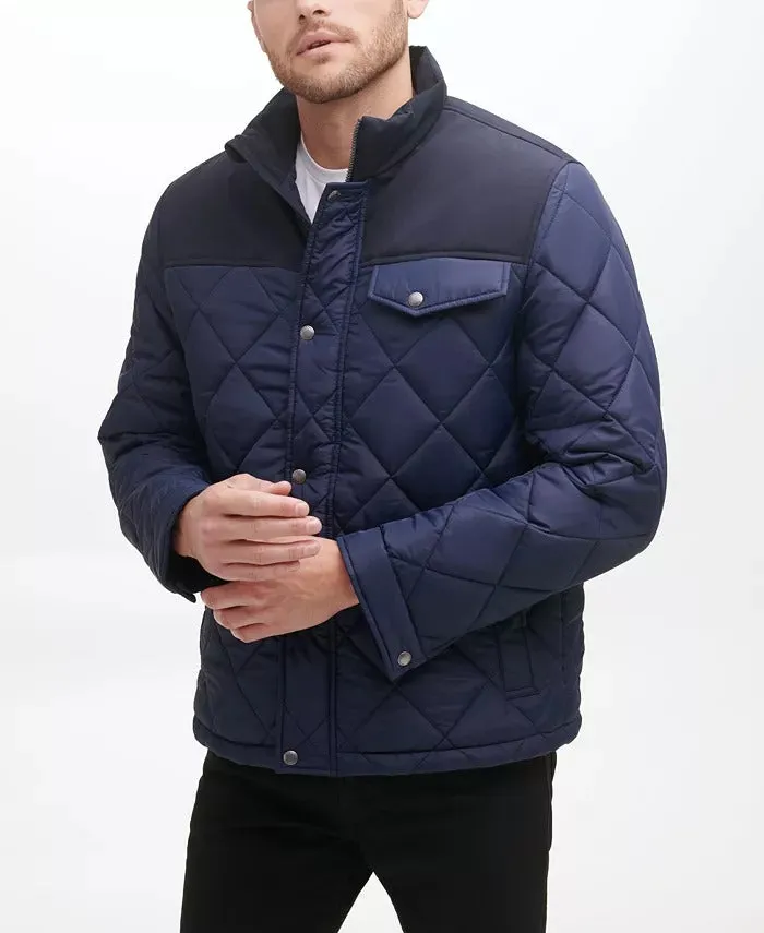 Cole Haan Men's Mixed Media Diamond Quilt Faux Sherpa Lining Coat Medium Blue
