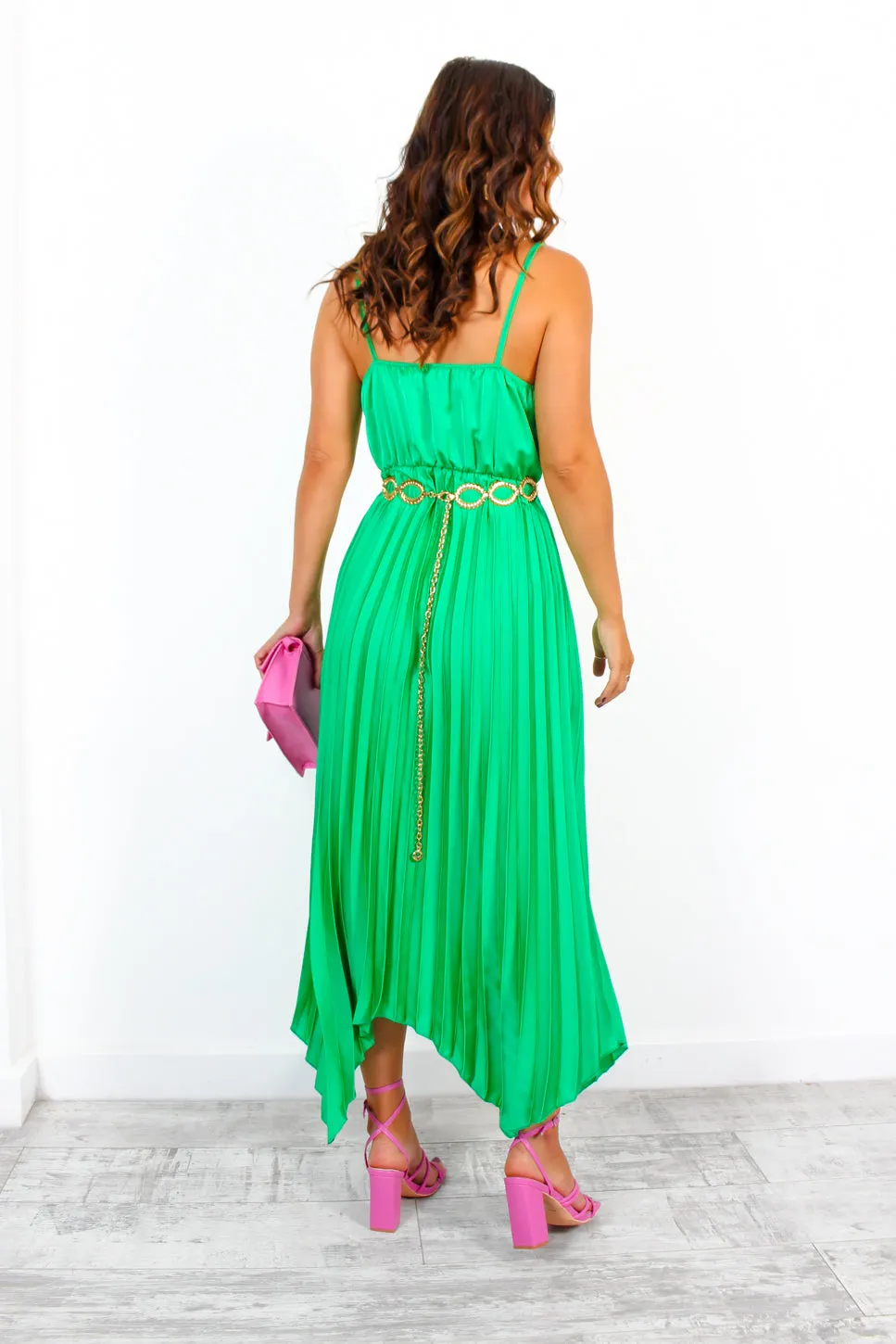 Cowl Me Maybe? - Green Cowl Neck Satin Pleated Midi Dress