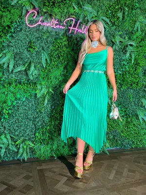 Cowl Me Maybe? - Green Cowl Neck Satin Pleated Midi Dress