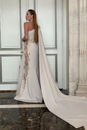 Crepe One-Shoulder Dress with Side Cape