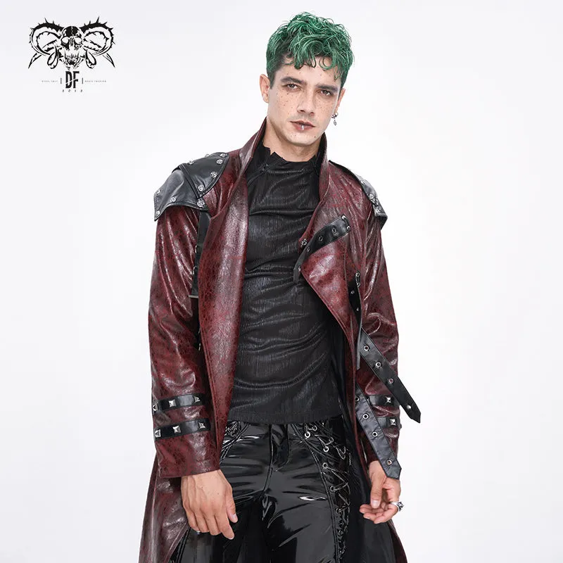 CT22302 Red Cracked leather stand collar long men's jacket
