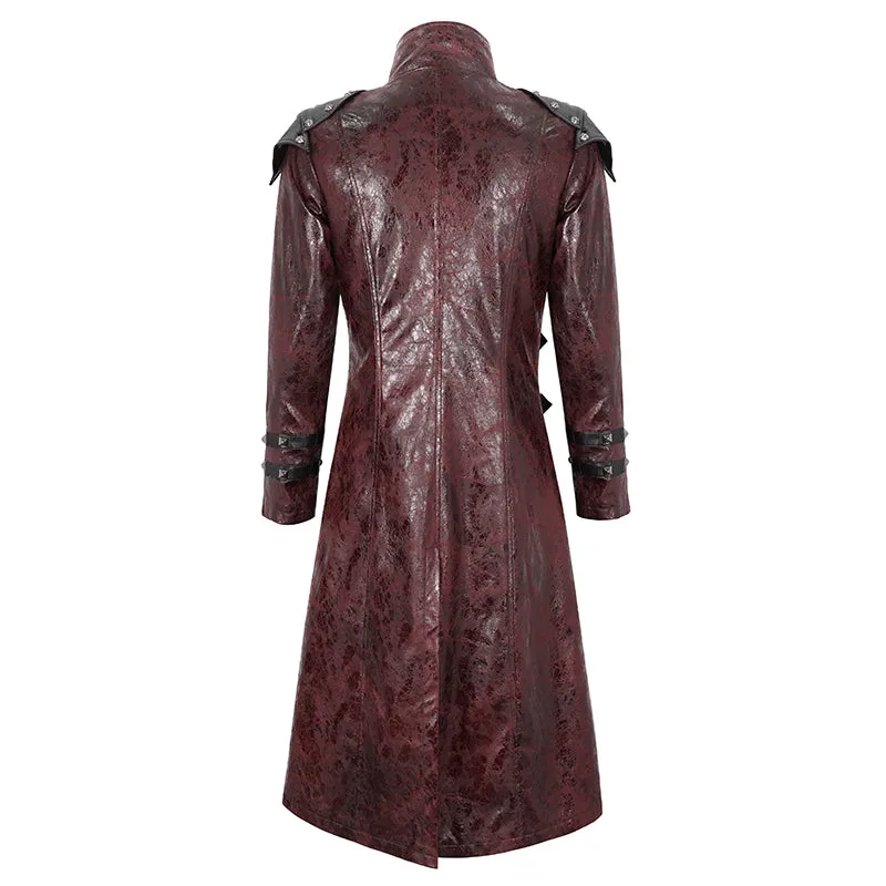 CT22302 Red Cracked leather stand collar long men's jacket