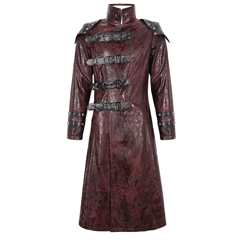 CT22302 Red Cracked leather stand collar long men's jacket