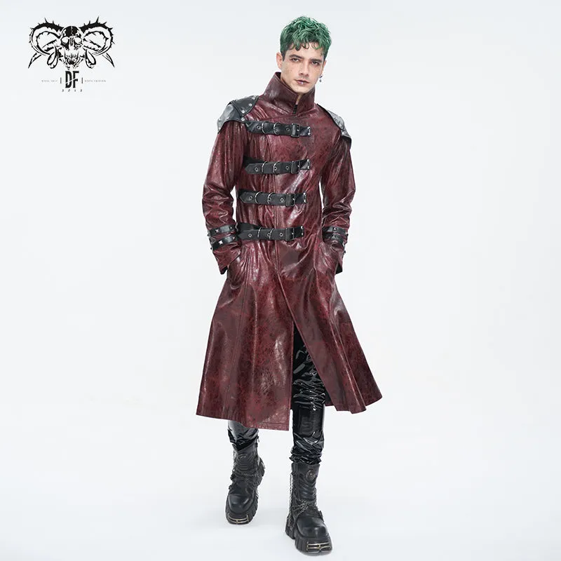 CT22302 Red Cracked leather stand collar long men's jacket