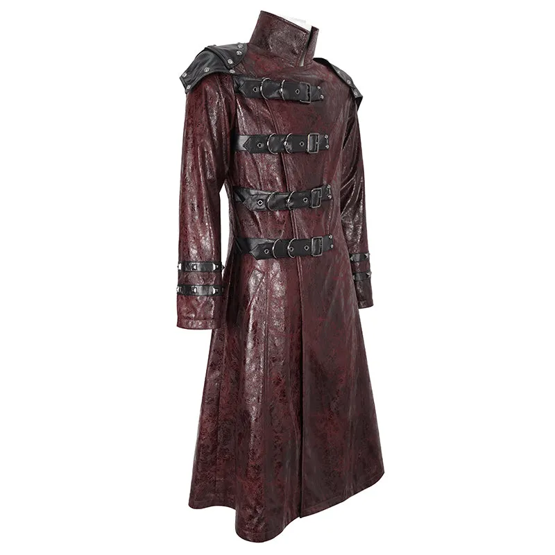 CT22302 Red Cracked leather stand collar long men's jacket