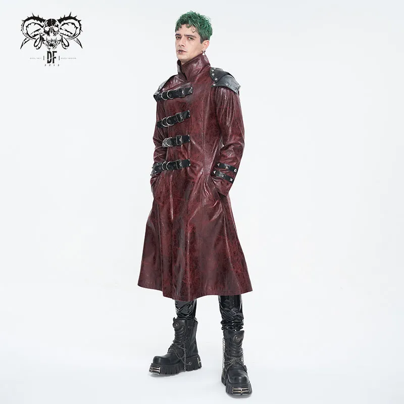 CT22302 Red Cracked leather stand collar long men's jacket