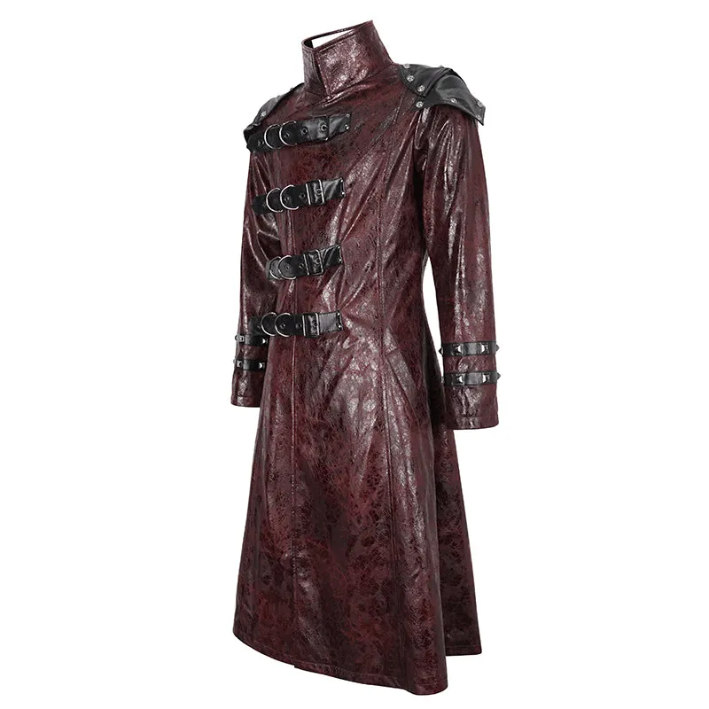 CT22302 Red Cracked leather stand collar long men's jacket