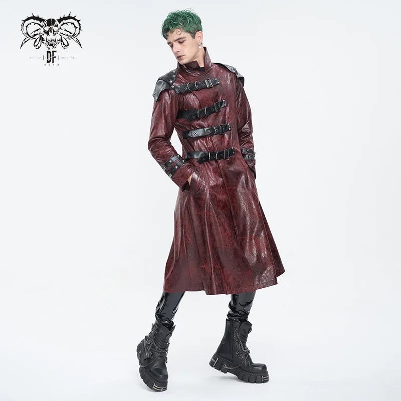 CT22302 Red Cracked leather stand collar long men's jacket