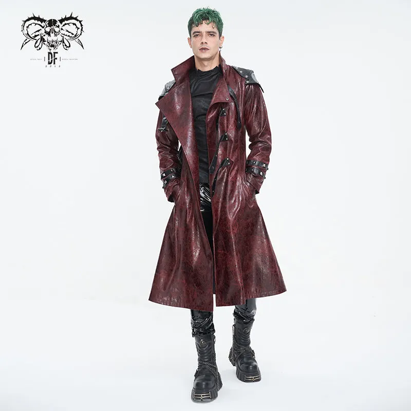 CT22302 Red Cracked leather stand collar long men's jacket