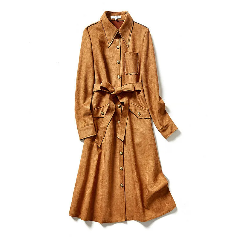 Cuni Brown Suede Leather Long Trench Coat Women Outfit