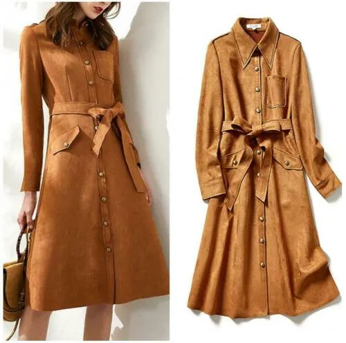 Cuni Brown Suede Leather Long Trench Coat Women Outfit
