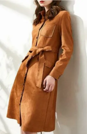 Cuni Brown Suede Leather Long Trench Coat Women Outfit