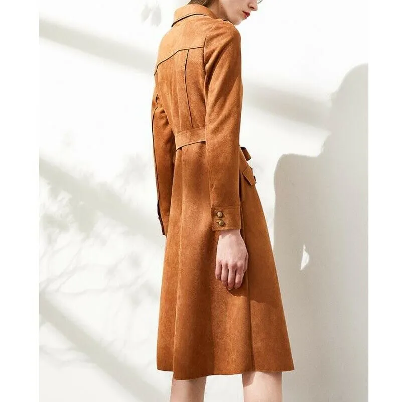 Cuni Brown Suede Leather Long Trench Coat Women Outfit