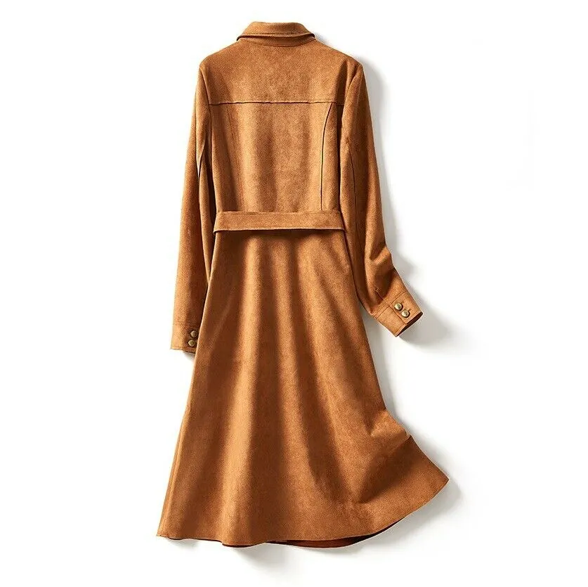 Cuni Brown Suede Leather Long Trench Coat Women Outfit