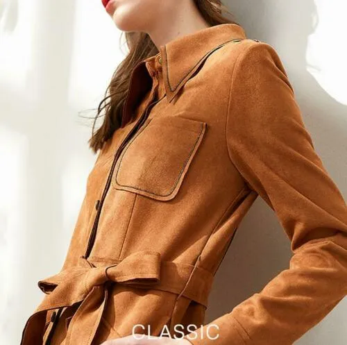 Cuni Brown Suede Leather Long Trench Coat Women Outfit