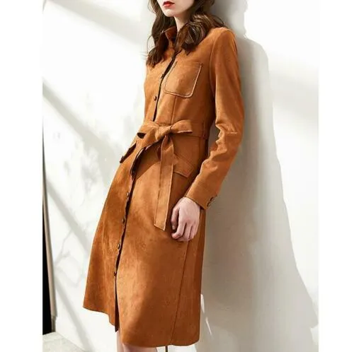 Cuni Brown Suede Leather Long Trench Coat Women Outfit