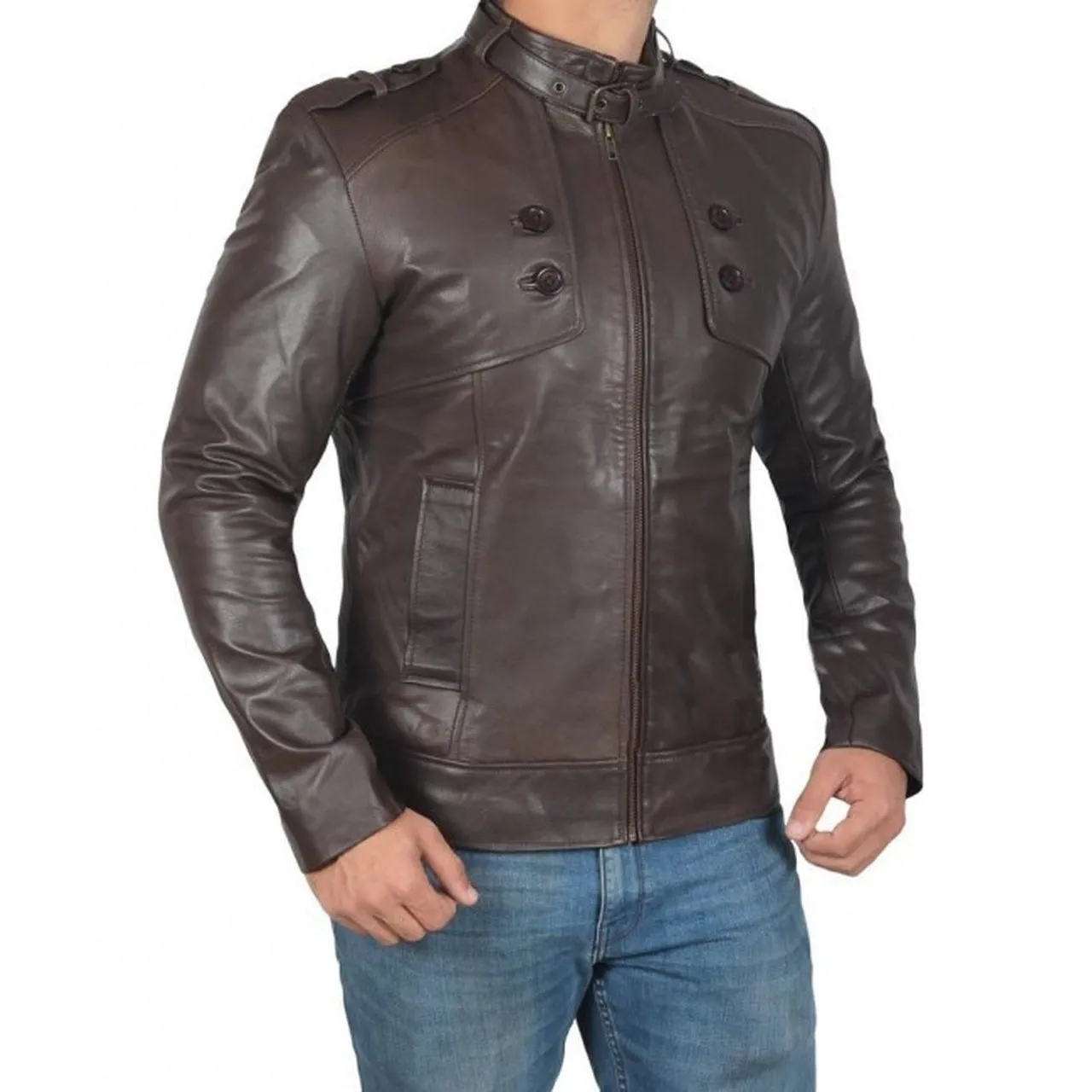 Dark Brown Button Pocket Leather Jacket