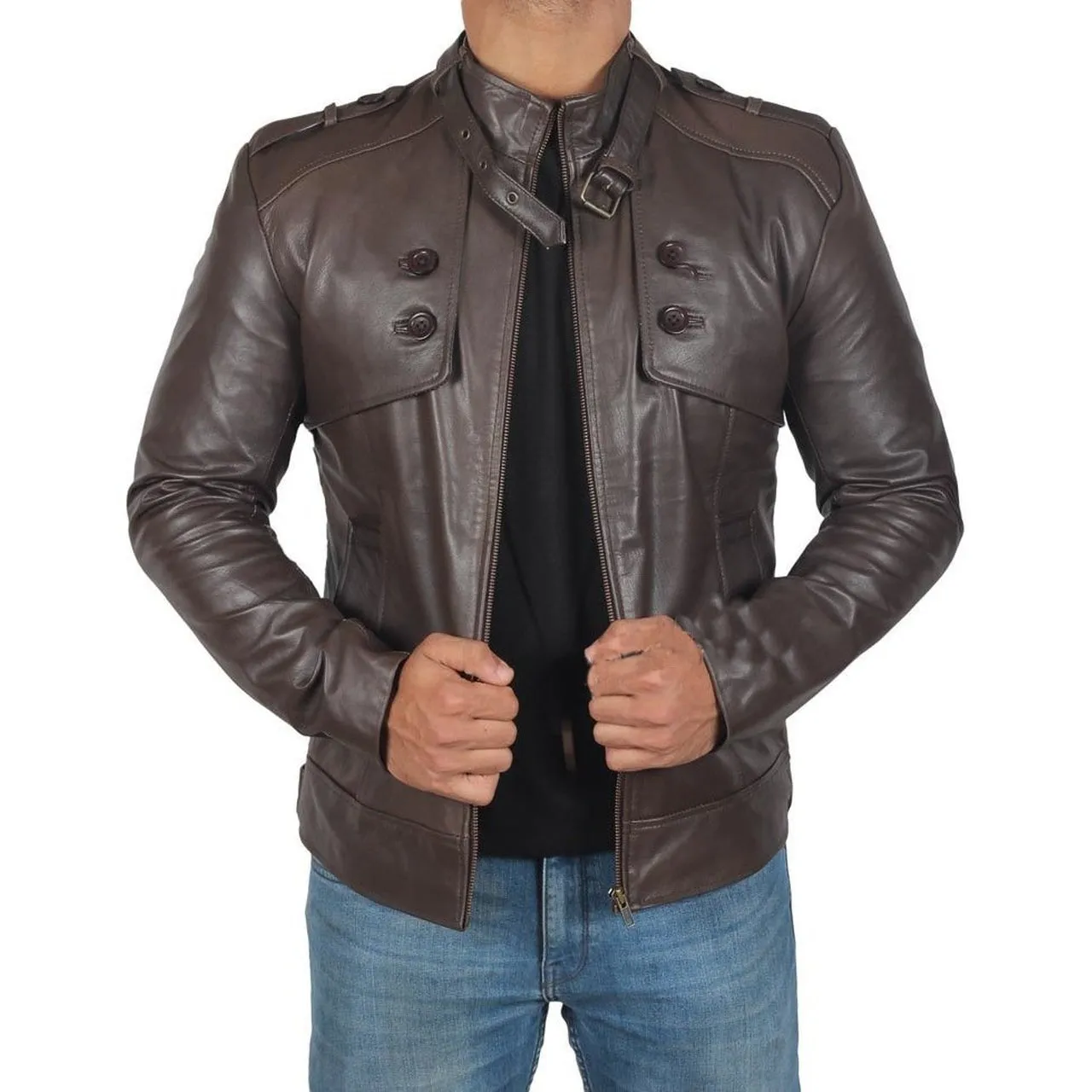 Dark Brown Button Pocket Leather Jacket