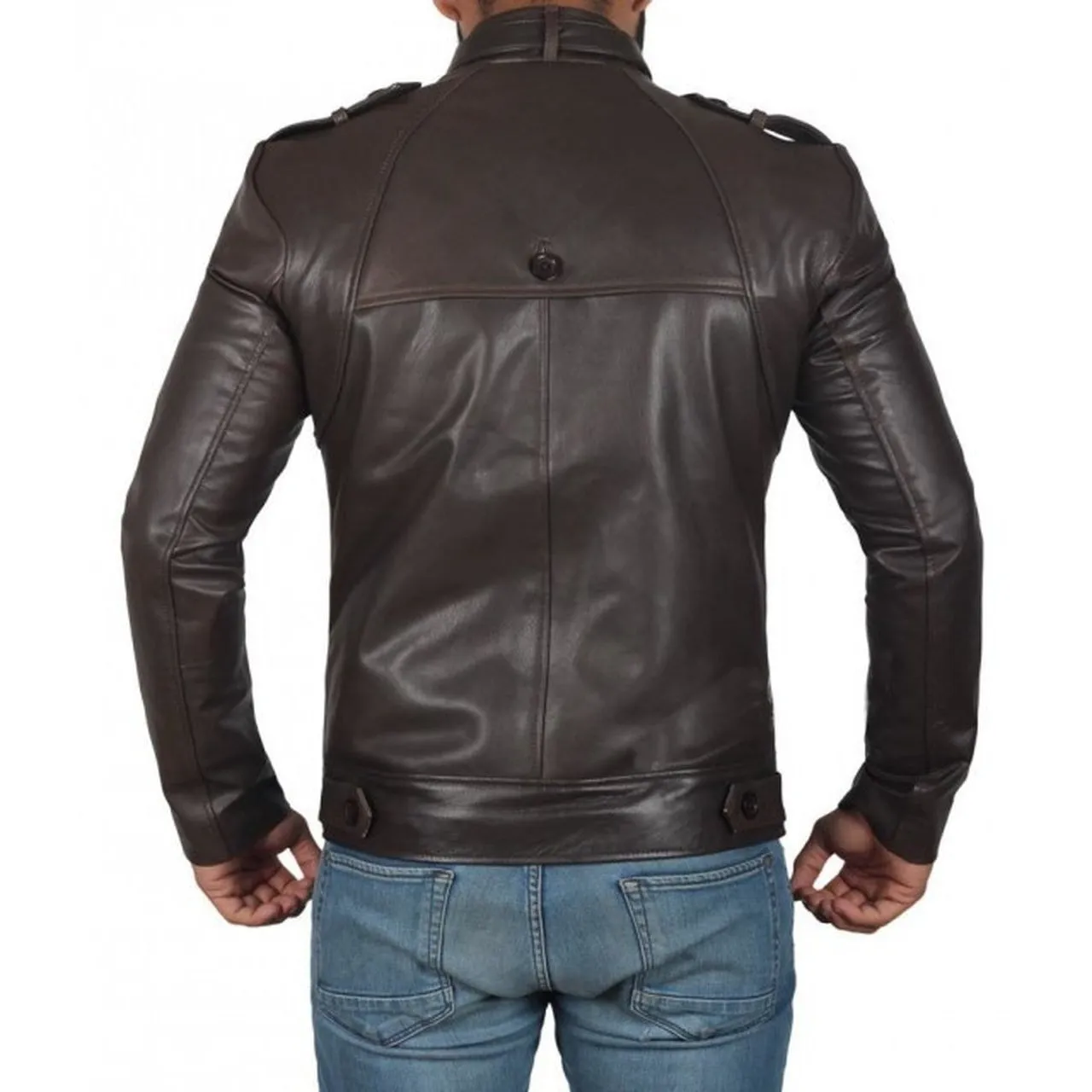 Dark Brown Button Pocket Leather Jacket