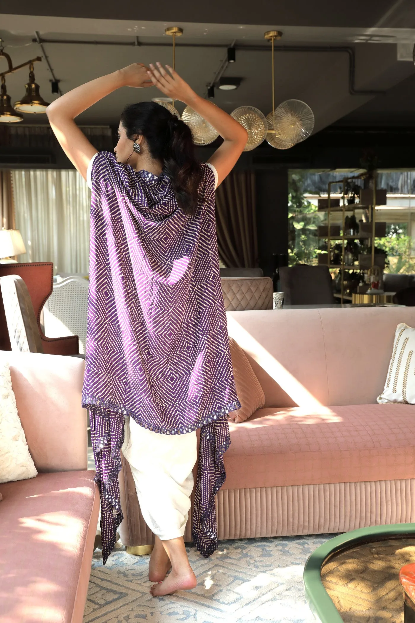 Drape Dress With Bandhej Print Cape