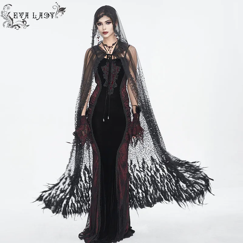 ECA016 Gothic sequined feather hooded women's long cloak