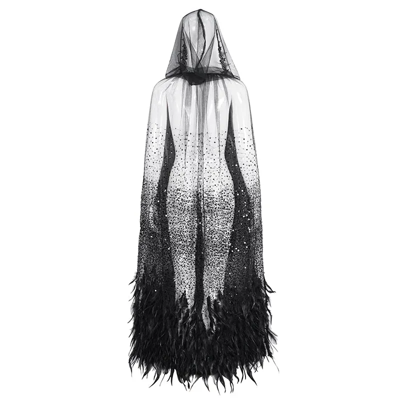 ECA016 Gothic sequined feather hooded women's long cloak