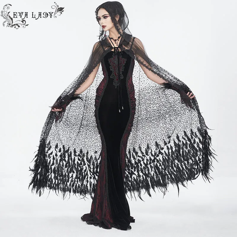 ECA016 Gothic sequined feather hooded women's long cloak