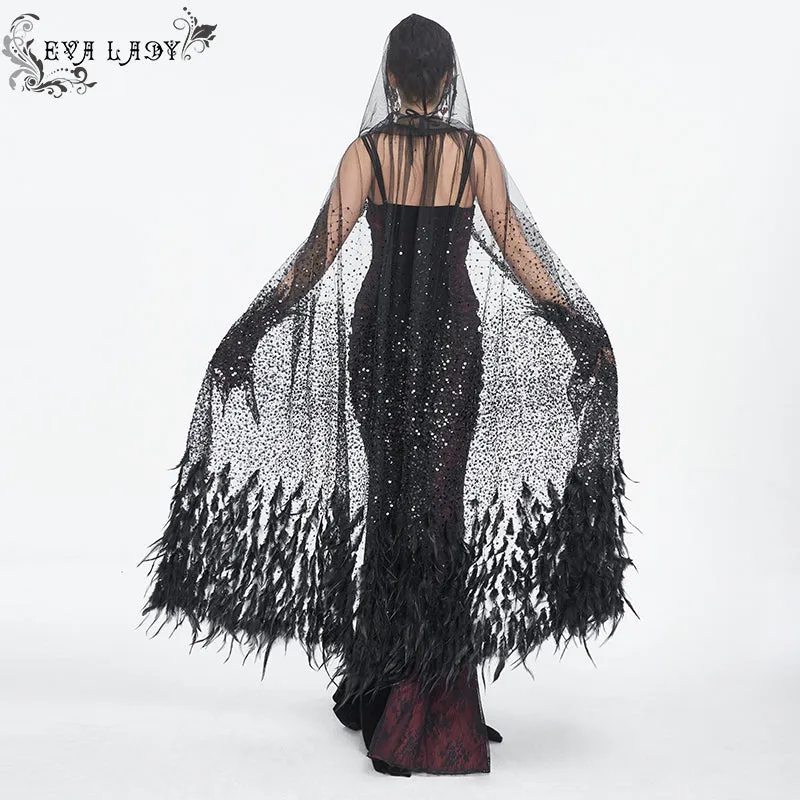 ECA016 Gothic sequined feather hooded women's long cloak