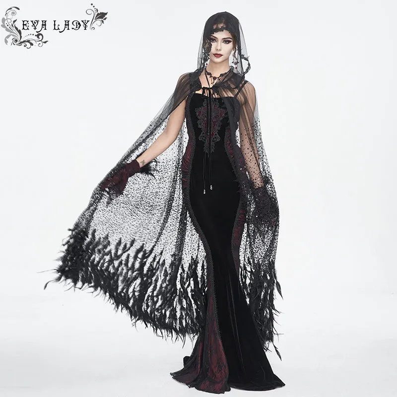ECA016 Gothic sequined feather hooded women's long cloak