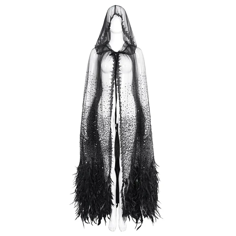 ECA016 Gothic sequined feather hooded women's long cloak