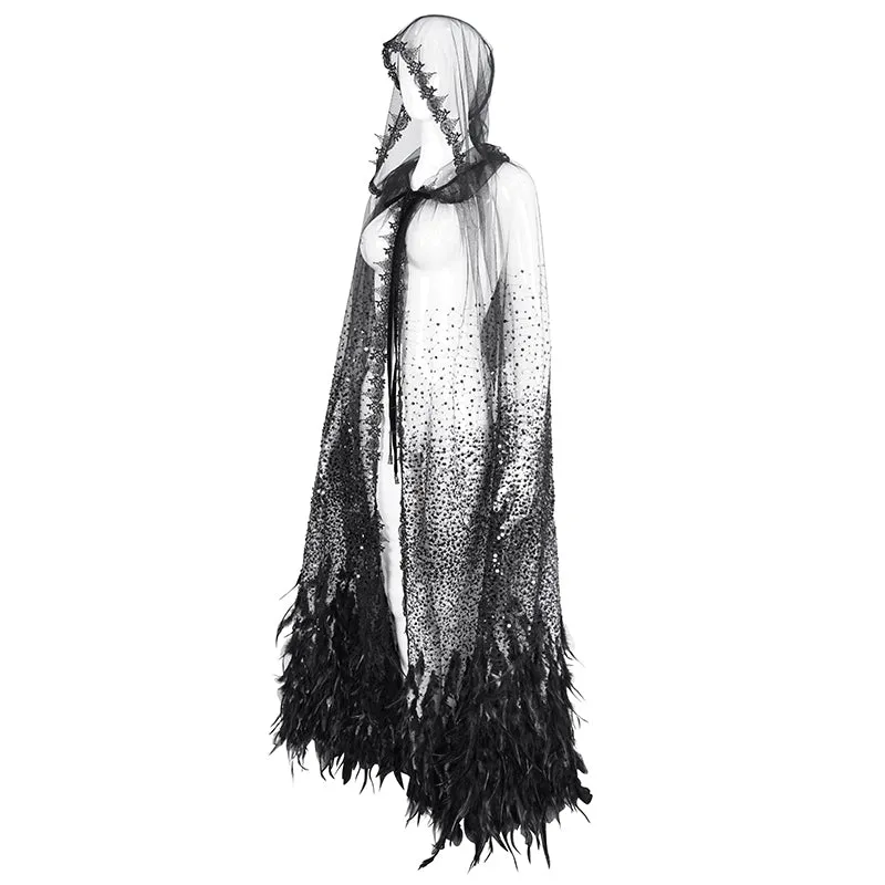 ECA016 Gothic sequined feather hooded women's long cloak