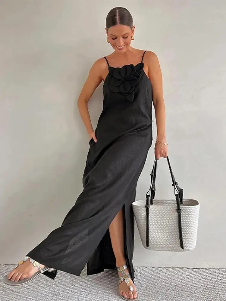 Elegant 3D Flower Maxi Dress: Sophisticated Style with Floral Details