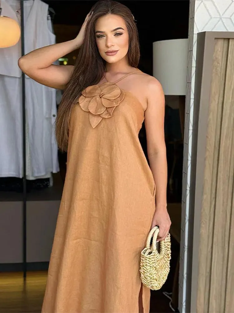 Elegant 3D Flower Maxi Dress: Sophisticated Style with Floral Details