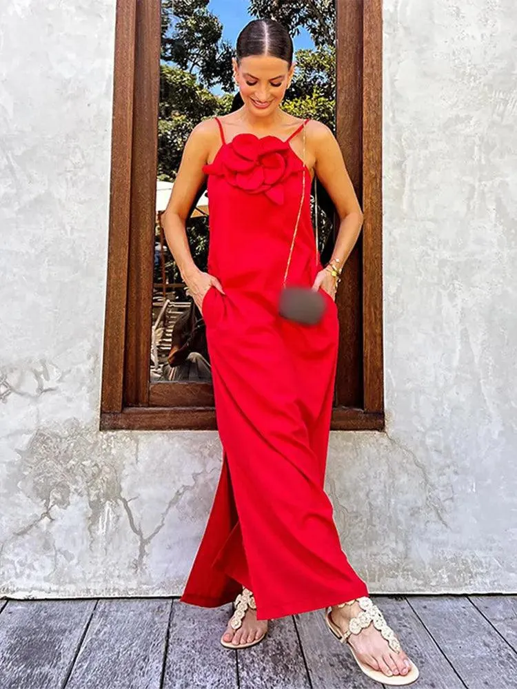Elegant 3D Flower Maxi Dress: Sophisticated Style with Floral Details