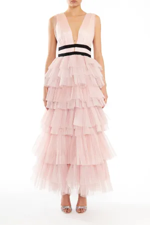 Eliza Soft Nude Plunging Neck Layered Tulle Skirt Maxi-Dress