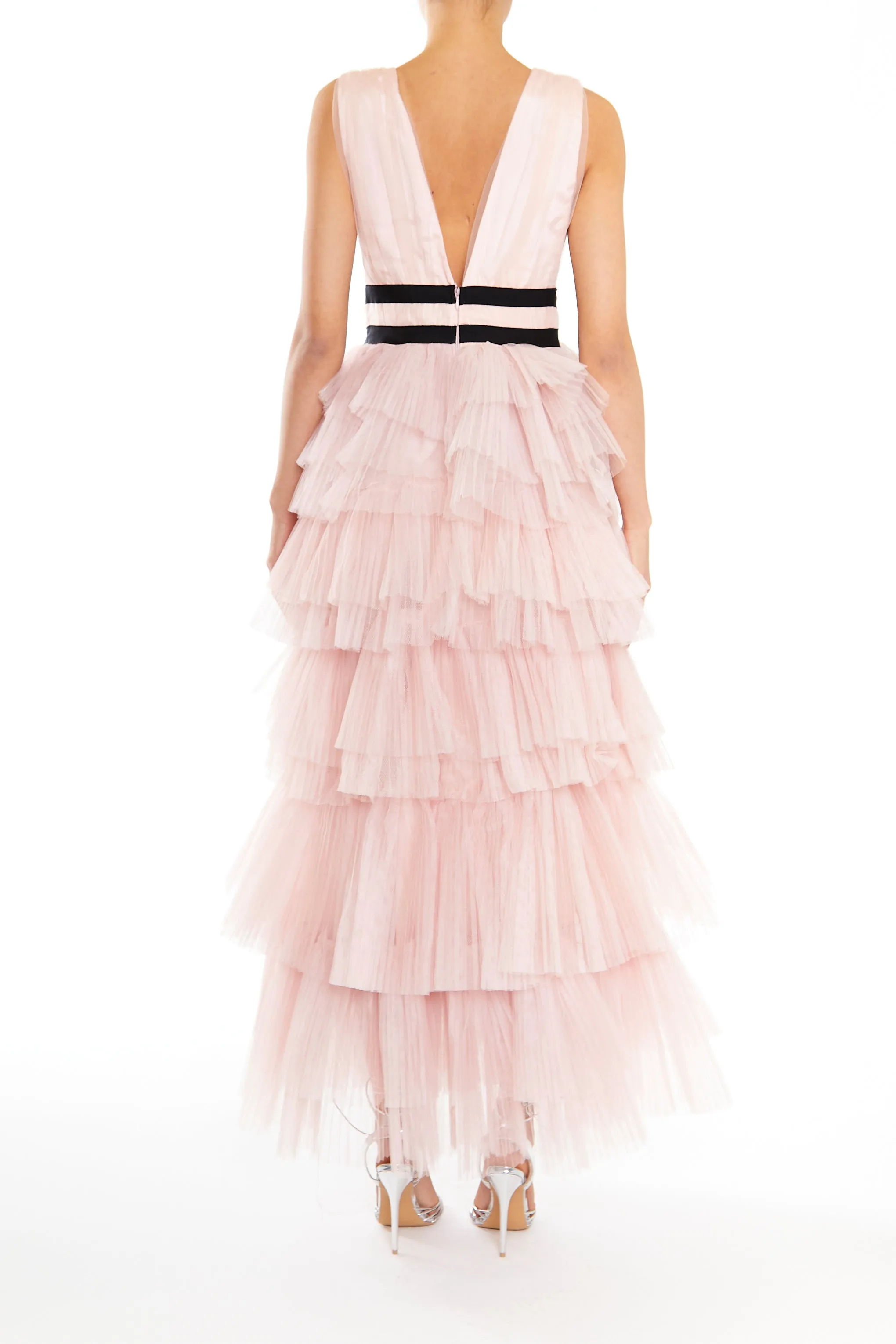 Eliza Soft Nude Plunging Neck Layered Tulle Skirt Maxi-Dress