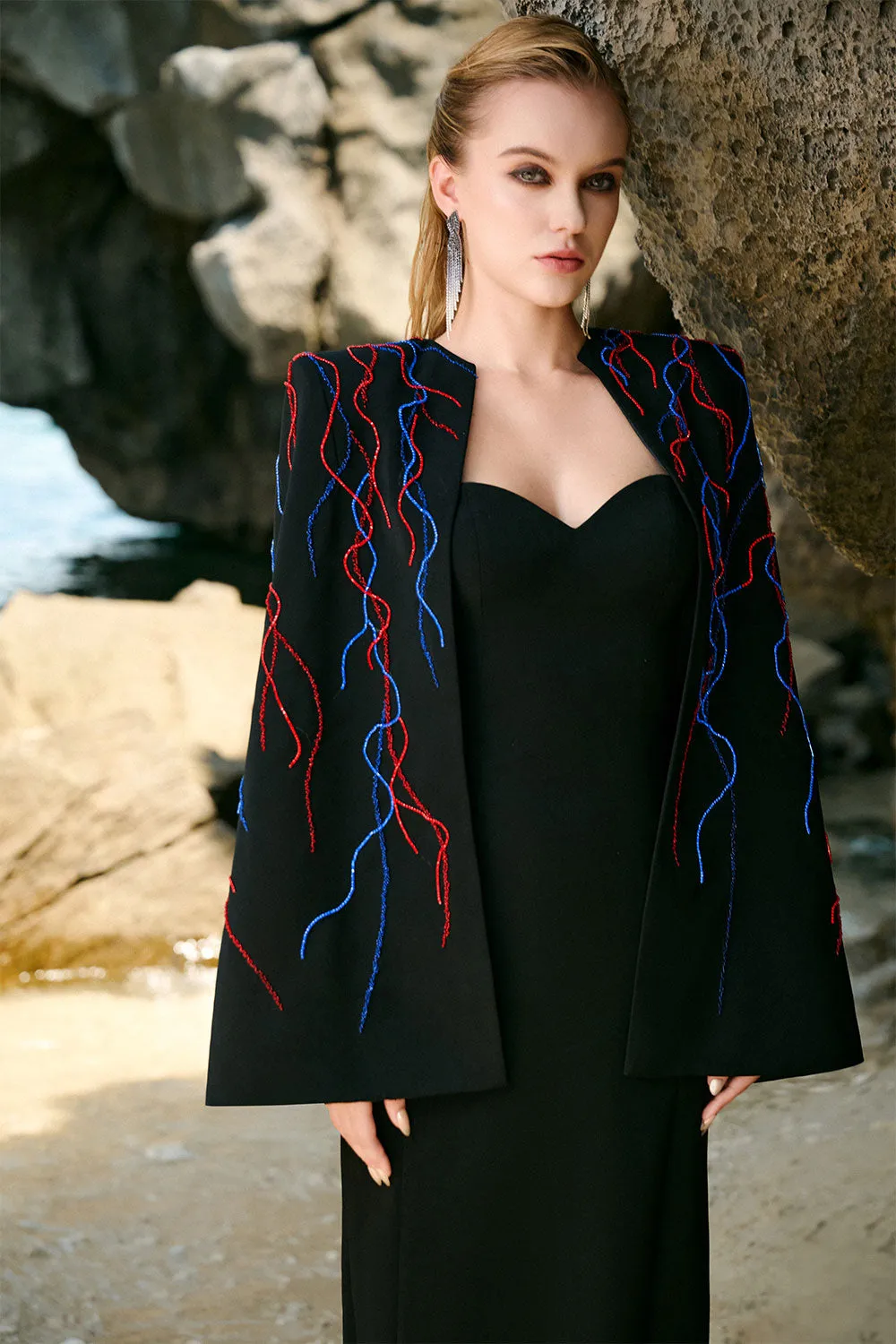 Elliana Cape Semi-Heart Neck Velvet Satin Floor Length Set