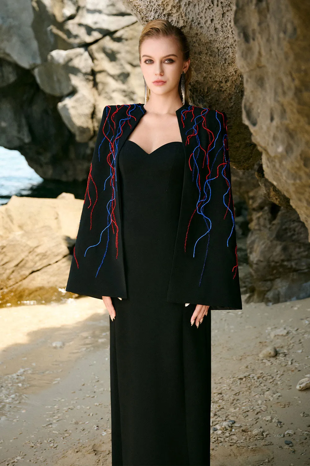 Elliana Cape Semi-Heart Neck Velvet Satin Floor Length Set