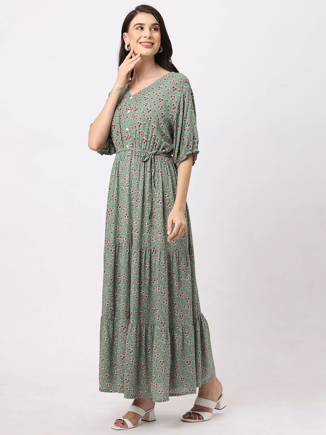 Fancy Green Floral Print Women’s Summer Maxi Dress