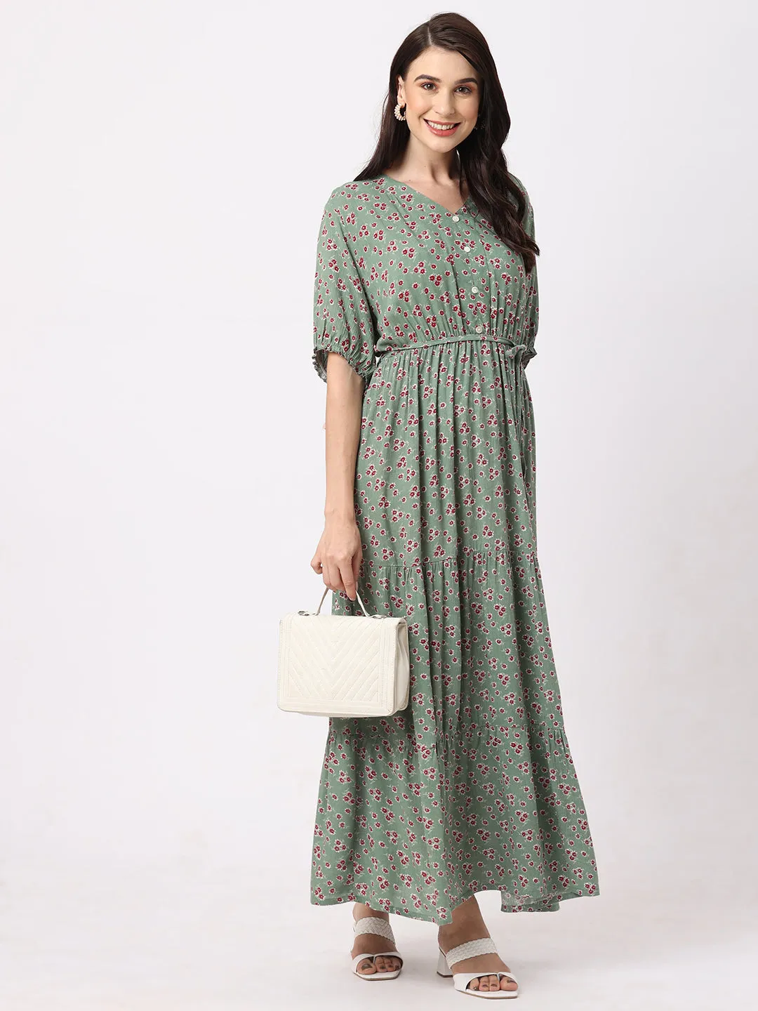 Fancy Green Floral Print Women’s Summer Maxi Dress