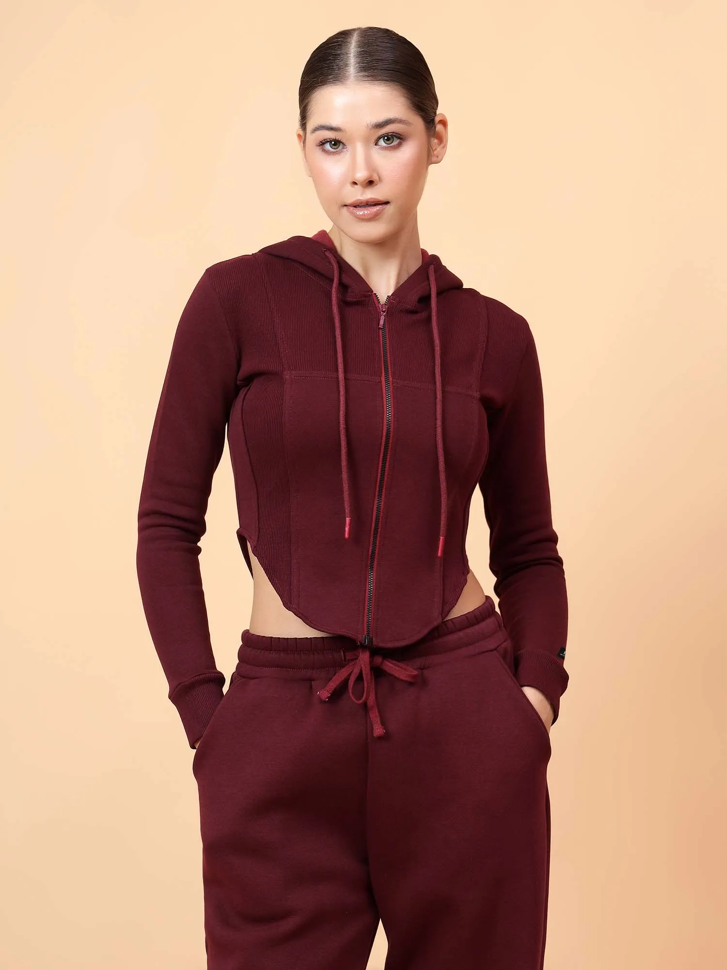 Fikin Women Wine Fleece Corset Jacket