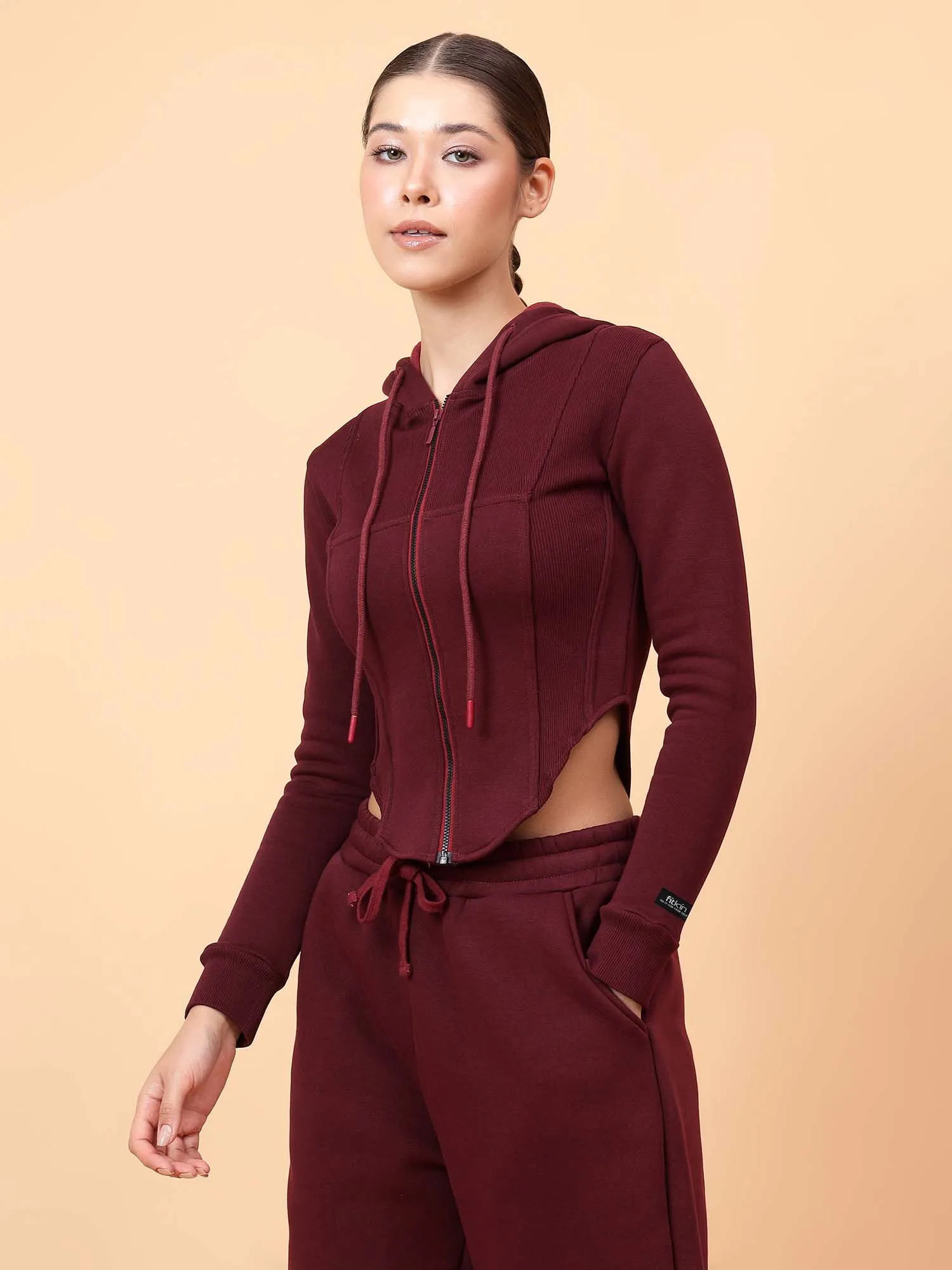 Fikin Women Wine Fleece Corset Jacket